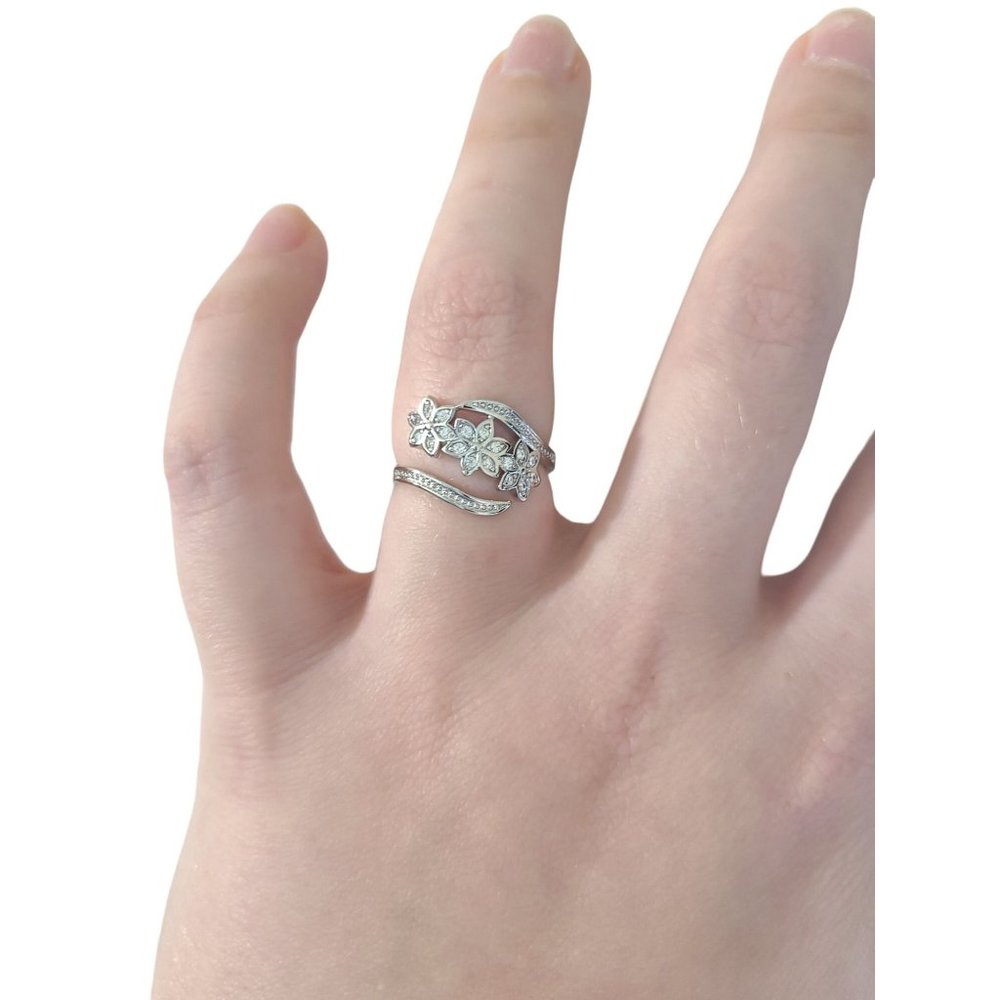 Resizable Silver Flower Ring, Sterling Silver 925, CZ
